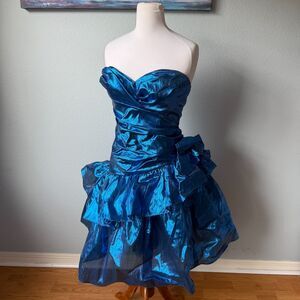 Vintage Loralie Original 80's Lamé Metallic Strapless Blue Bow Dress Sweetheart